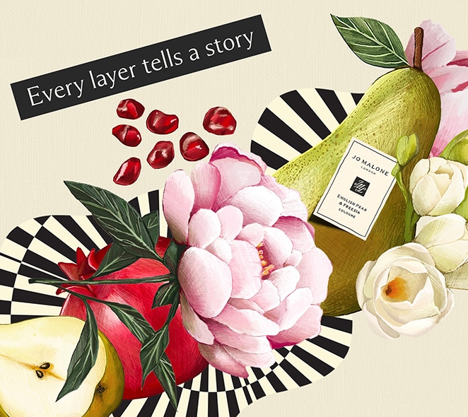 Scent Layering colourful fruit & flowers on striped background