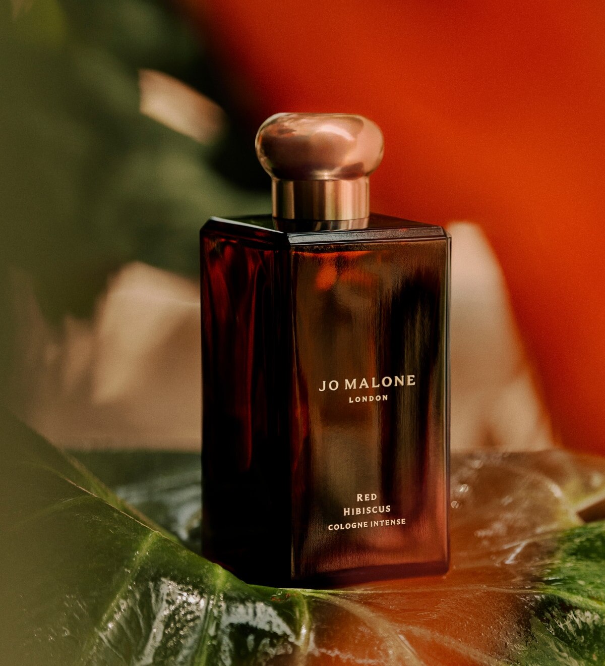 Jo Malone London Red Hibiscus 100ml Cologne surrounded by red hibiscus flowers & green leaves