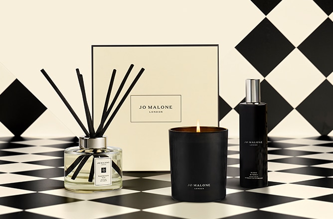 Jo Malone London Diffuser, Cologne Intense Candle and Room Spray with box and checkered background