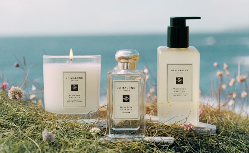 Jo Malone London Sea Salt & Bergamot cologne with Wood Sage & Sea Salt body crème and candle by the sea.