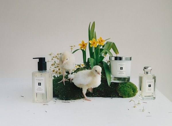Jo Malone products on a table with spring imagery