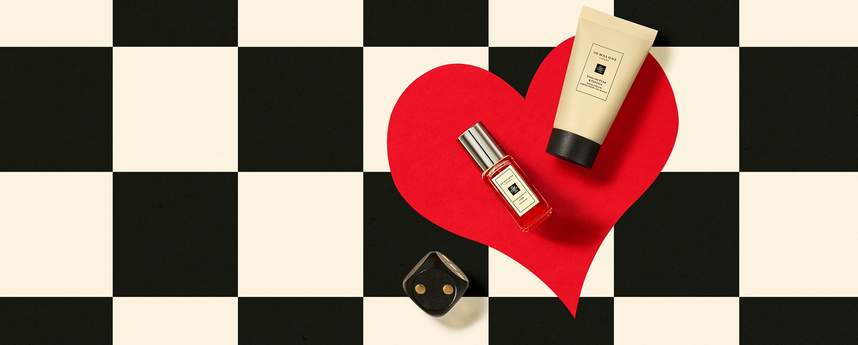 Jo Malone London Pomegranate Noir Cologne 9ml and English Pear & Freesia B&HW on checkered background and red heart
