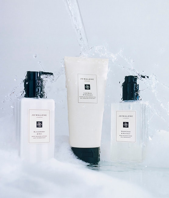 Jo Malone London | Body Lotion, Shower Cream and Wash with water falling on the products