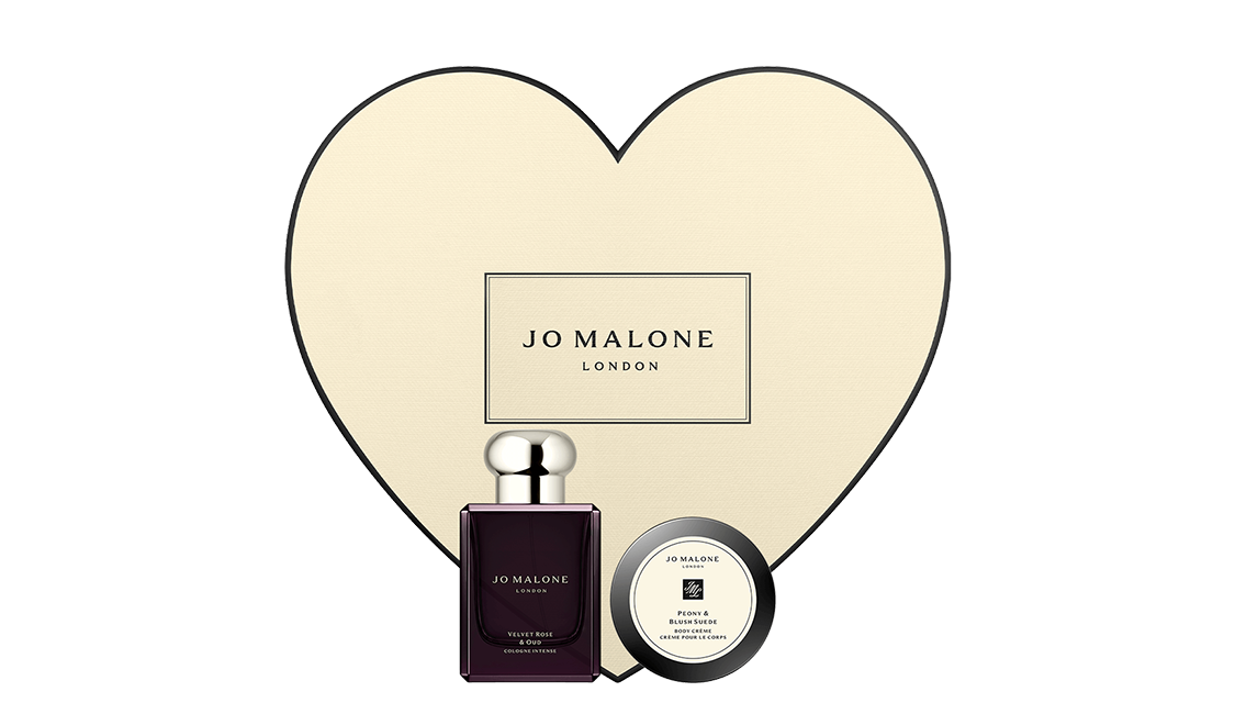 Jo Malone London heart box gift set with velvet rose and oud 50ml and 50ml peony and blush suede body creme