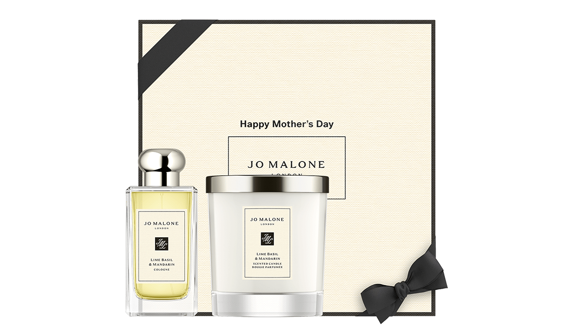 Jo Malone London gift set with lime basil and mandarin 100ml and home candle with black text embossed happy mothers day