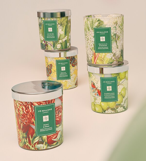 Jo Malone London charity candles with floral vessels stacked
